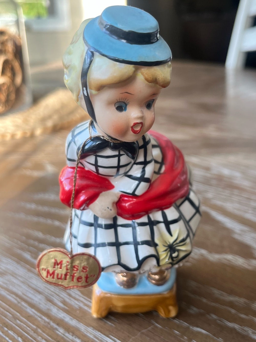 Vintage Norcrest Miss Muffet Ceramic Figurine with Blue Hat and Red Shawl